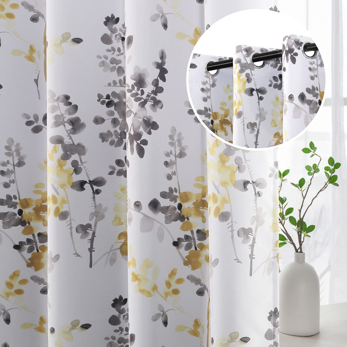 H.VERSAILTEX Blackout Floral Curtains 84”L for Living Room, Bluestone/Taupe