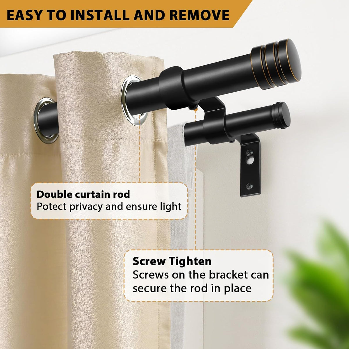 TONIAL 1 Inch Double Curtain Rods for Windows 66 to 120 Inch, Black,
