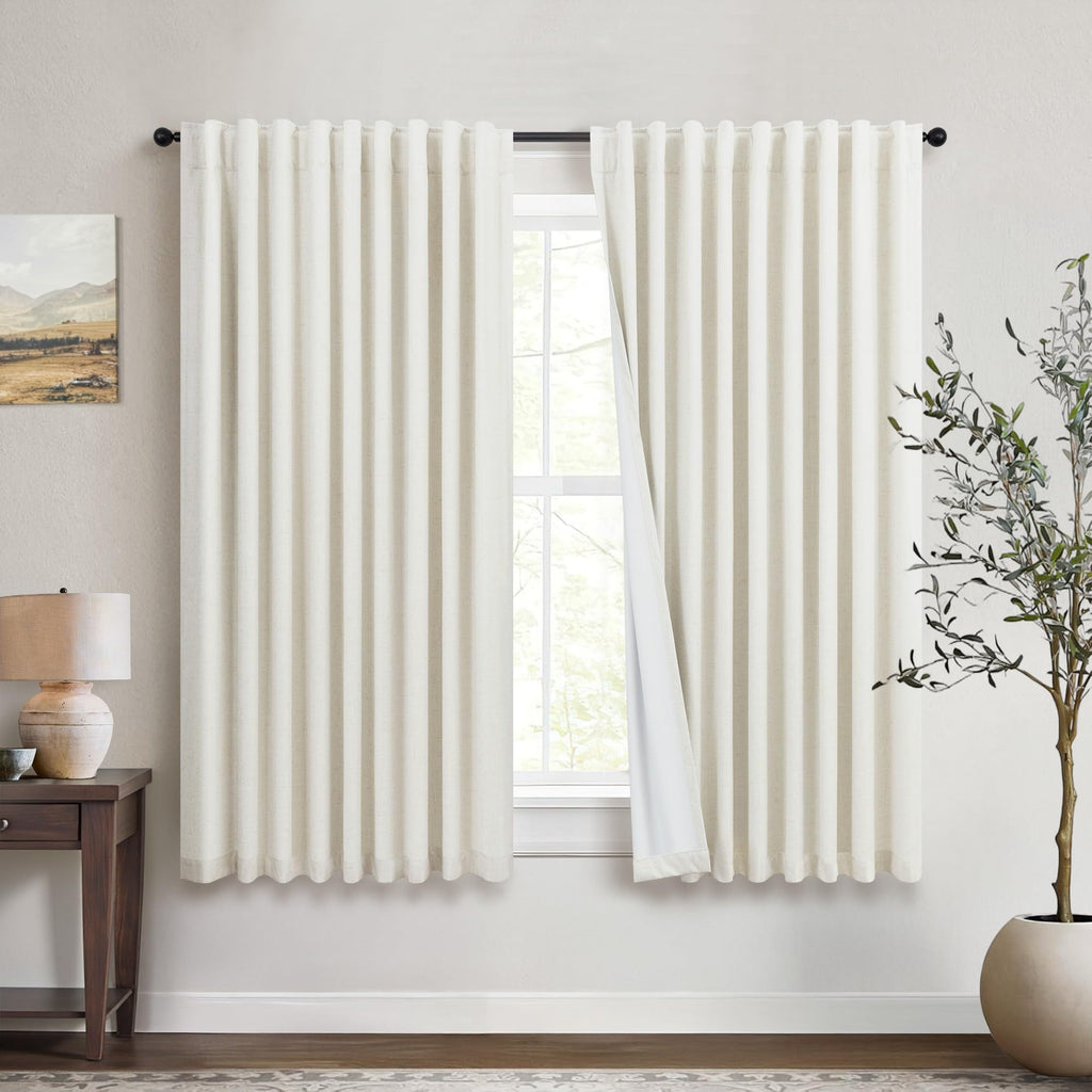 Natural Linen Back Tab Blackout Curtains & Drapes 96 Inch Long for Bedroom Livingroom Farmhouse Curtain 2 Panel Neutral Cute Black Out Room Darkening Thermal Insulated 8ft Pleated Window Curtain Cream