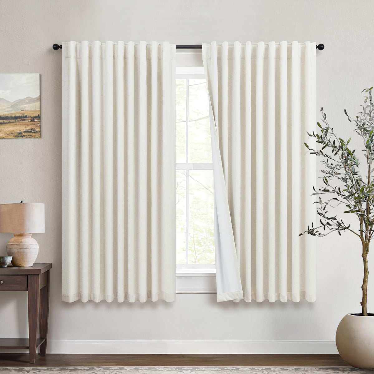 Natural Linen Back Tab Blackout Curtains & Drapes 96 Inch Long for Bedroom Livingroom Farmhouse Curtain 2 Panel Neutral Cute Black Out Room Darkening Thermal Insulated 8ft Pleated Window Curtain Cream