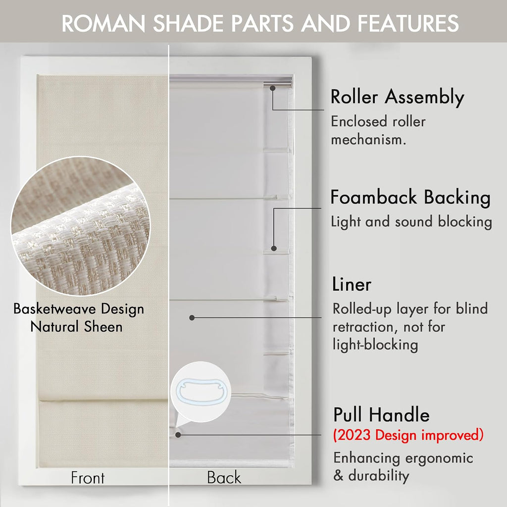 Madison Park Roman Shade, Room Darkening Blind Cordless, 33x64 Sheen Ivory