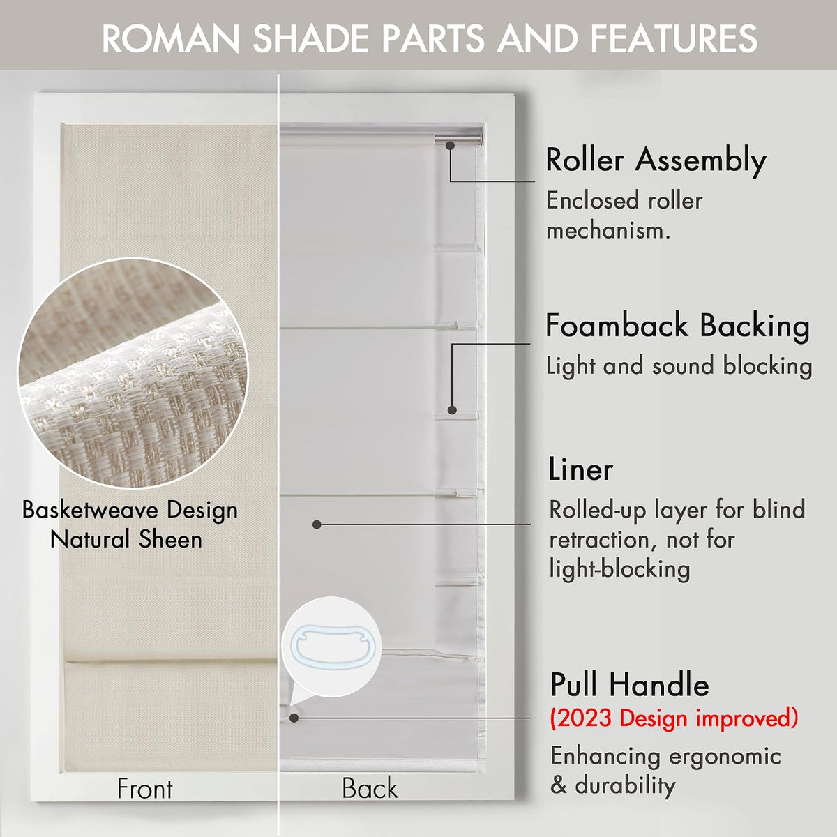 Madison Park Roman Shade, Room Darkening Blind Cordless, 33x64 Sheen Ivory