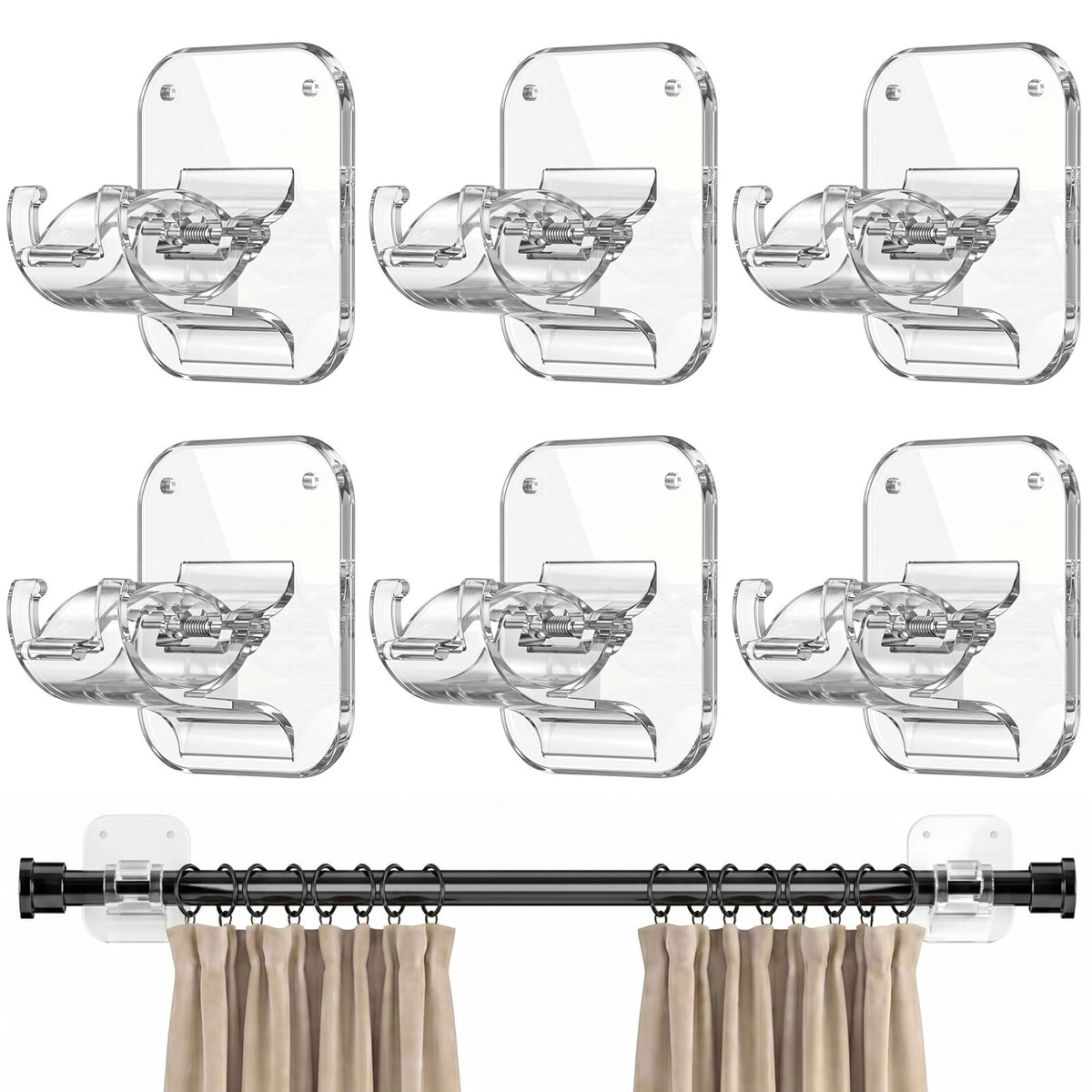 JHCJHC No Drill Curtain Rod Brackets-20LB,4 Pcs Adhesive Curtain Rod Holder