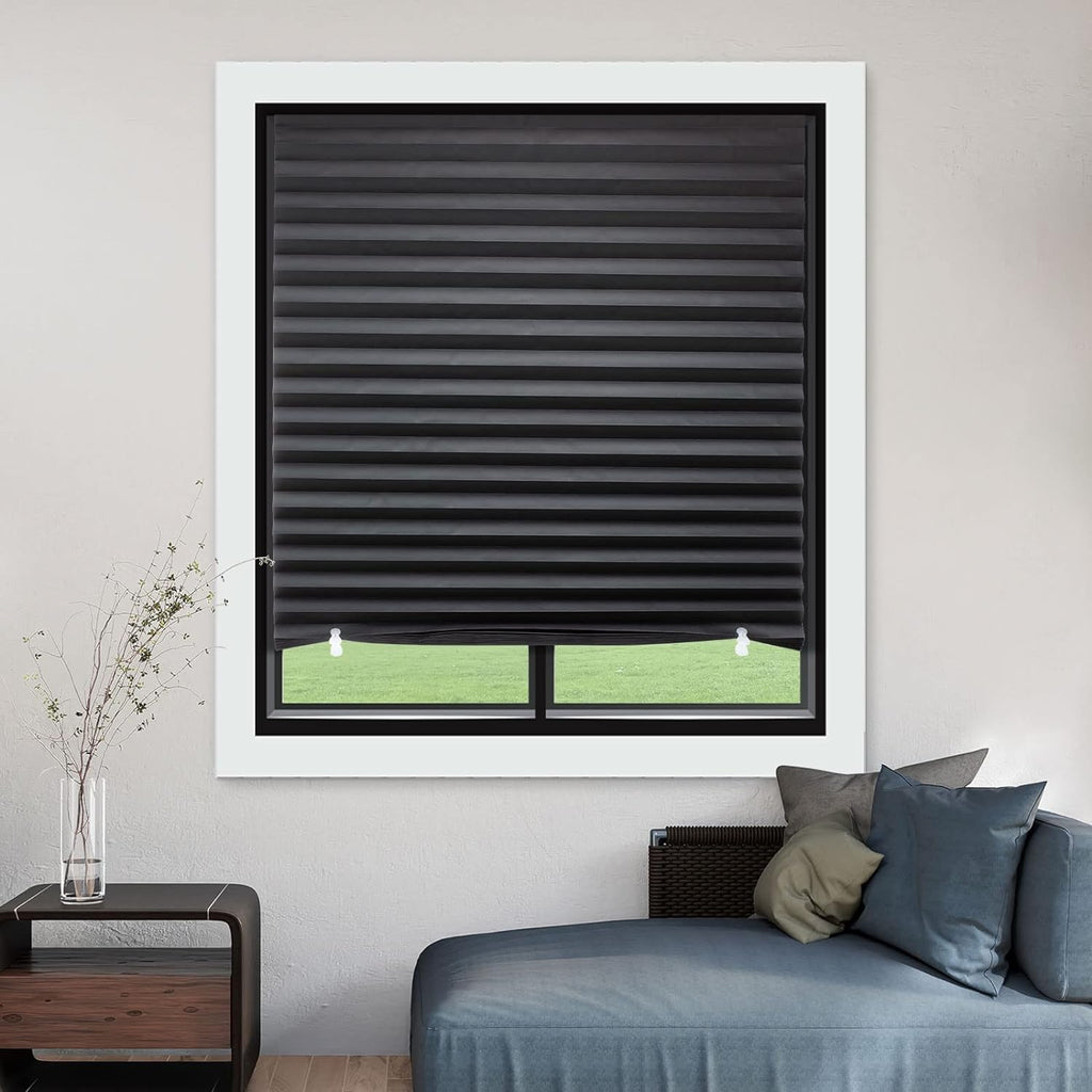 MYshade 6 Pack Temporary Blackout Paper Shades for Windows,Paper Pleated Blinds with Adhesive,No Tools No Drilling Free Cut Size Temporary Room Darkening Shades(Black, 36" W x 72" H)