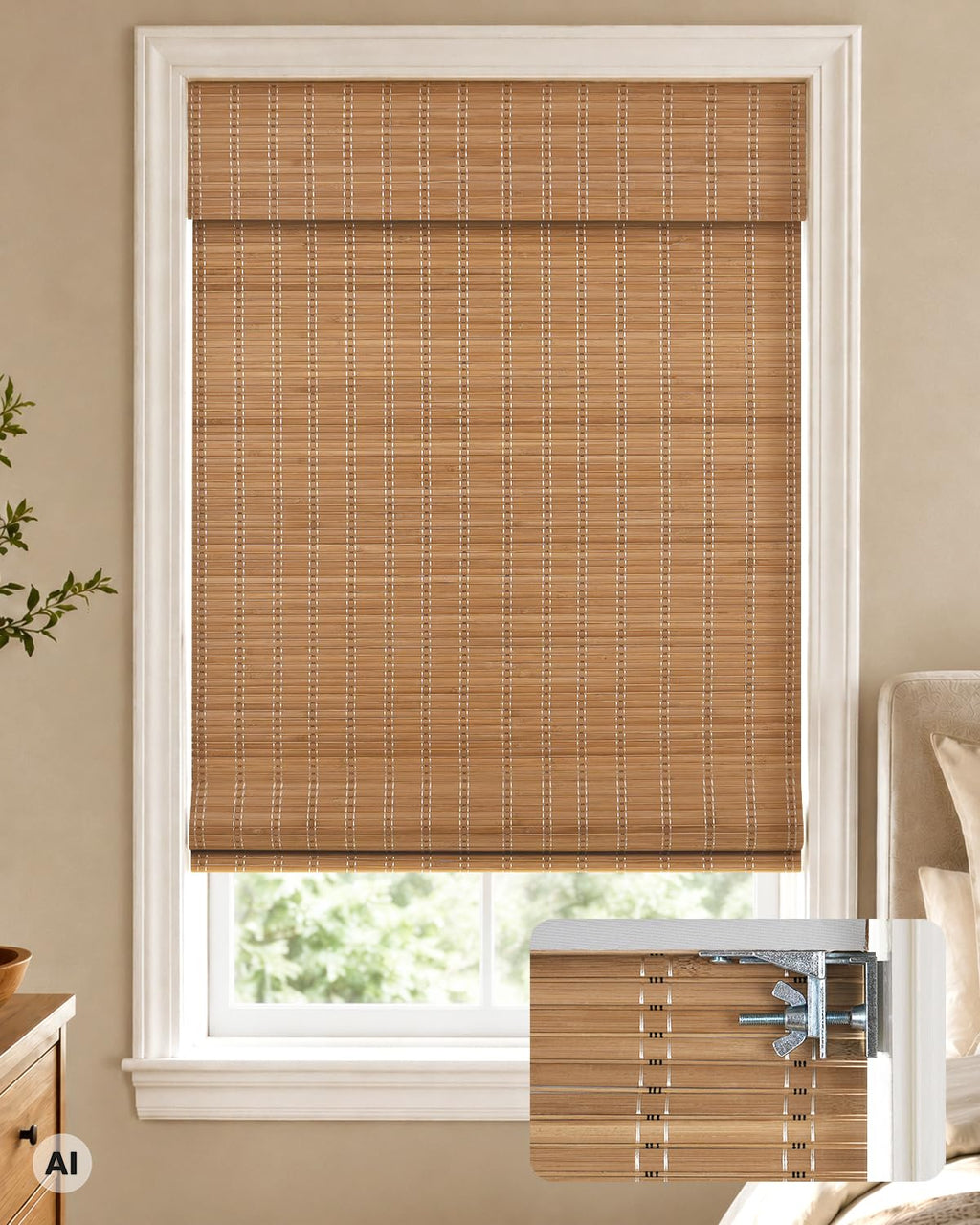 LazBlinds 100% Blackout No Drill Bamboo Roman Shades, Cordless Bamboo Blinds for Indoor Windows, Room Darkening Shades for Home & Patio, Thermal Insulated, Brown206, 20" W x 48" H
