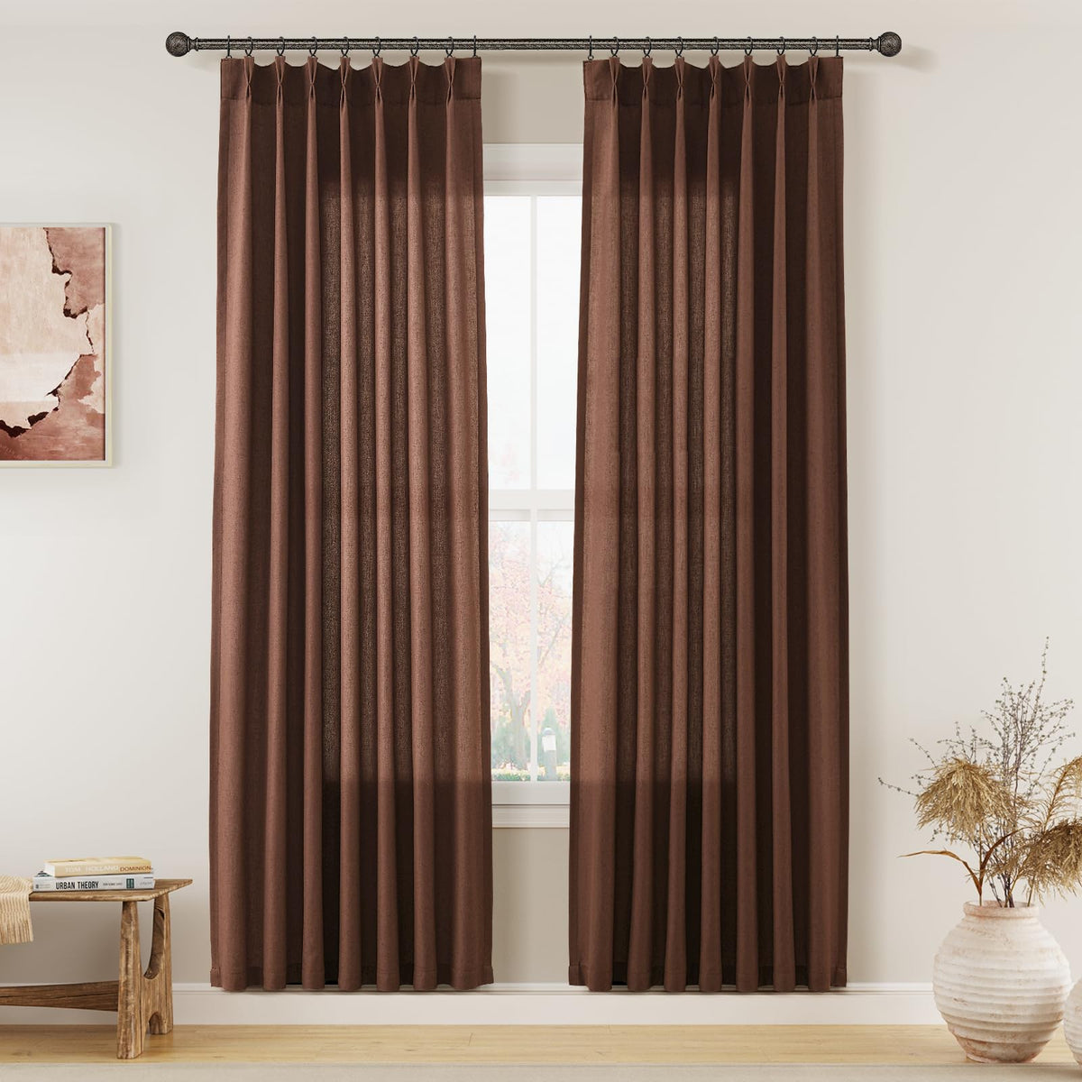 Aersas Linen Pinch Pleated Curtains 84 Inch Length 2 Panels Set for Living Room Cream Semi Sheer Window Curtain for Bedroom Boho Farmhouse Neutral Back Tab Drape Decor with Hooks, Natural Beige Ivory
