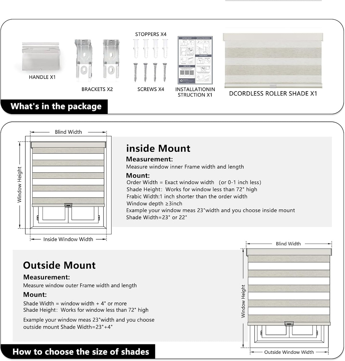 AOSKY Cordless Zebra Blinds for Indoor Windows, 34" W x 72" H, White