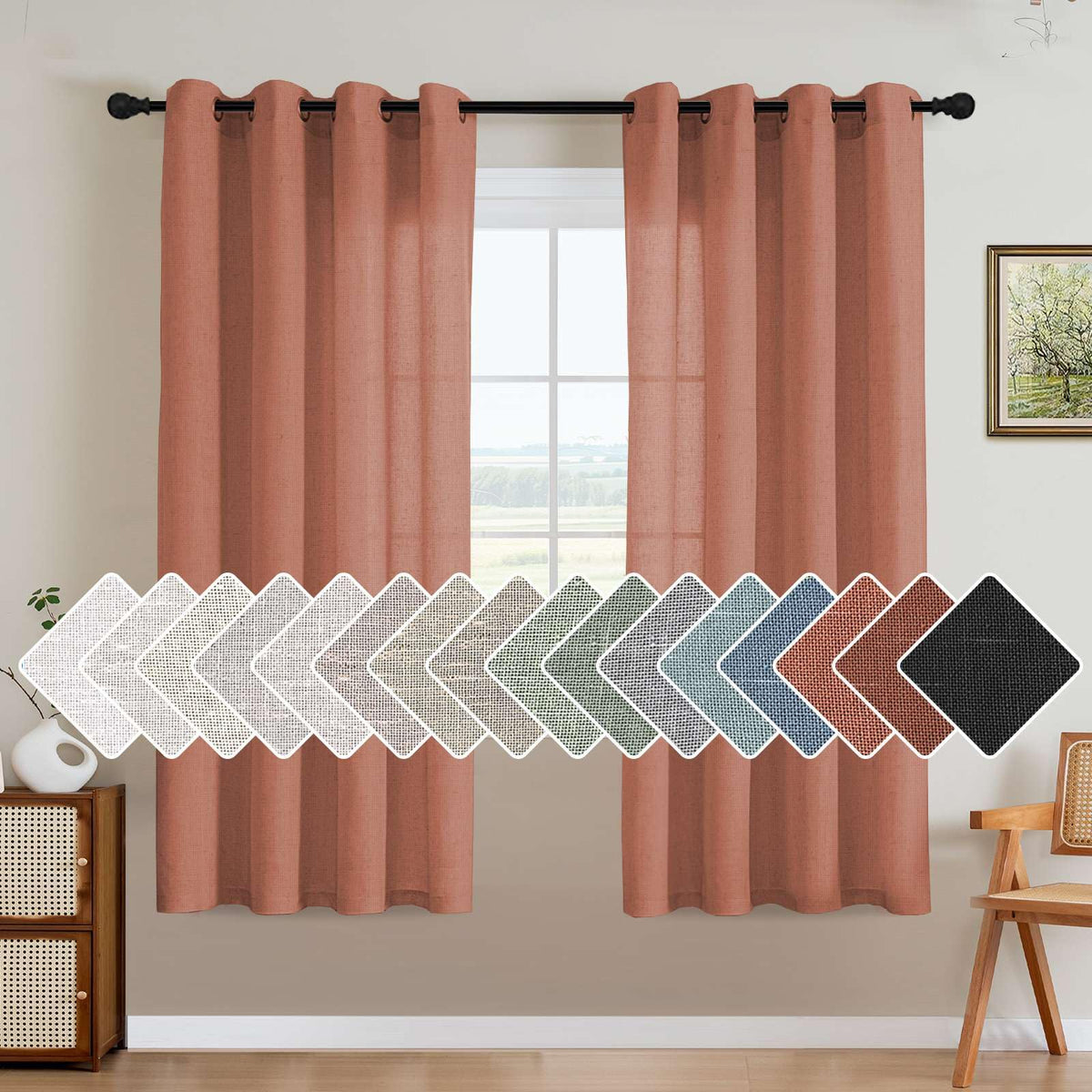 H.VERSAILTEX Natural Linen Grommet Curtains 84 Inch Length for Living Room 2 Panel Drape Semi Sheer Neutral Country Rustic Farmhouse Boho Curtain Bedroom Muslin Look Light Filtering, Heathered Natural