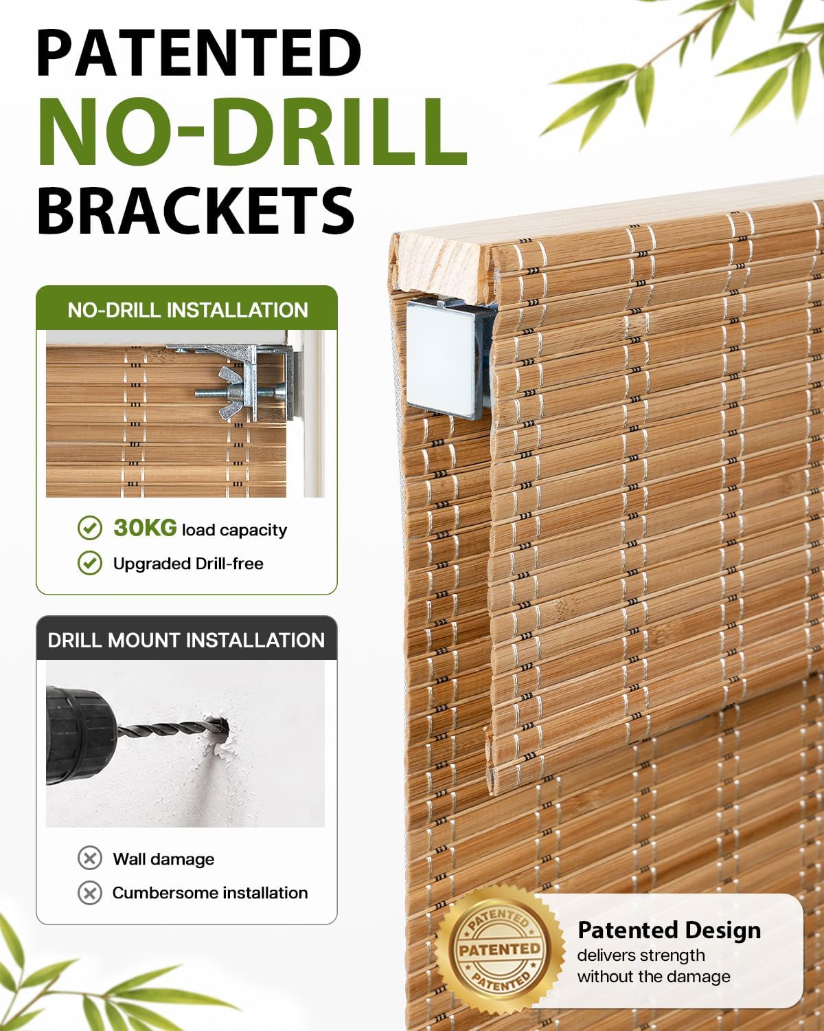LazBlinds 100% Blackout No Drill Bamboo Roman Shades, Cordless Bamboo Blinds for Indoor Windows, Room Darkening Shades for Home & Patio, Thermal Insulated, Brown206, 20" W x 48" H