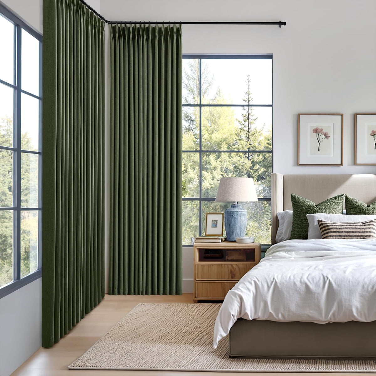 MIULEE Olive Green Pinch Pleated 100% Blackout Linen Curtains 40x108 Inches