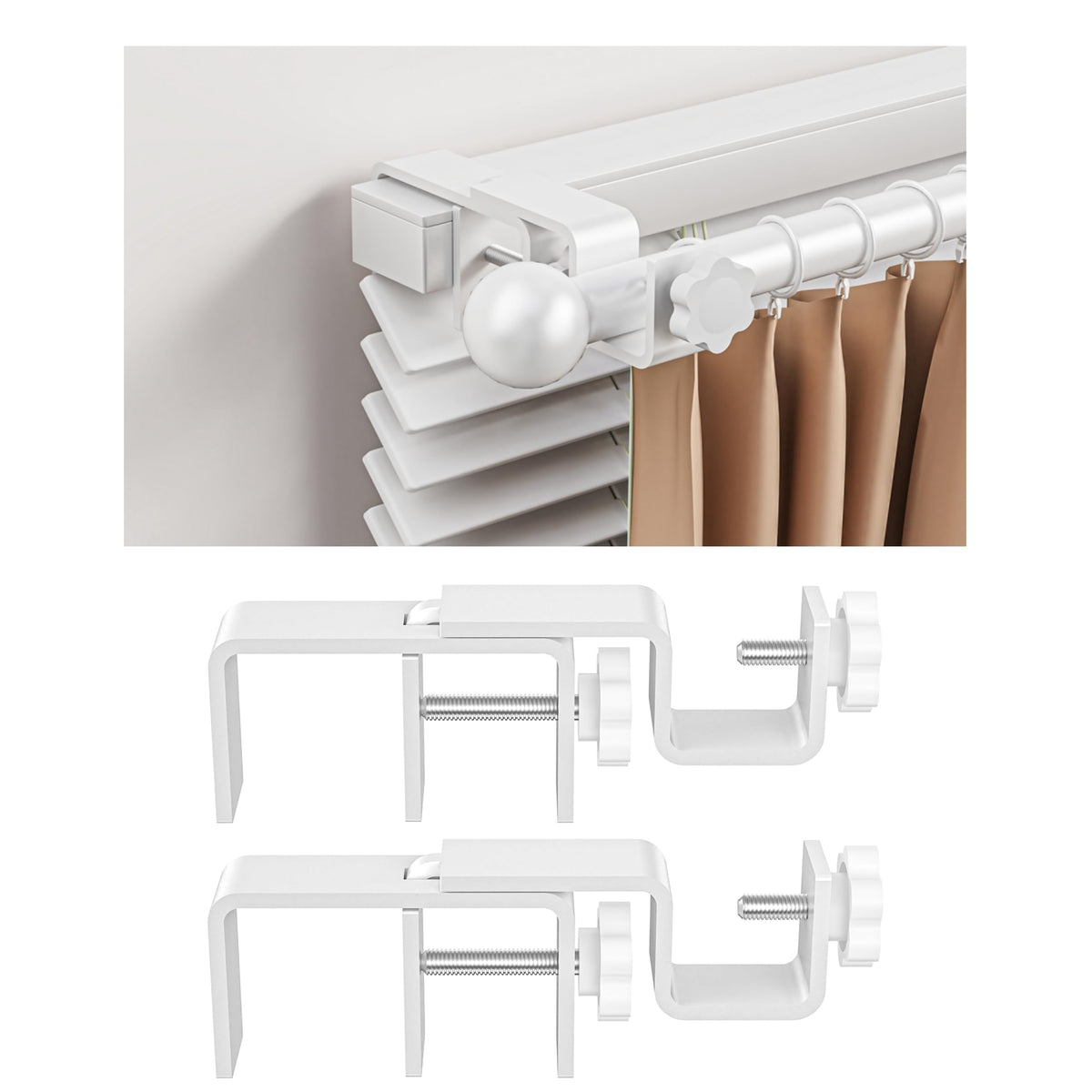Over-Blinds Curtain Rod Brackets for Outside-Mounted Blinds, Blinds Curtain Rod Brackets for 1.3–2” Rectangular Headrails, Tool-Free No-Drill Installation for Apartments, Rentals Set of 2 (Black)