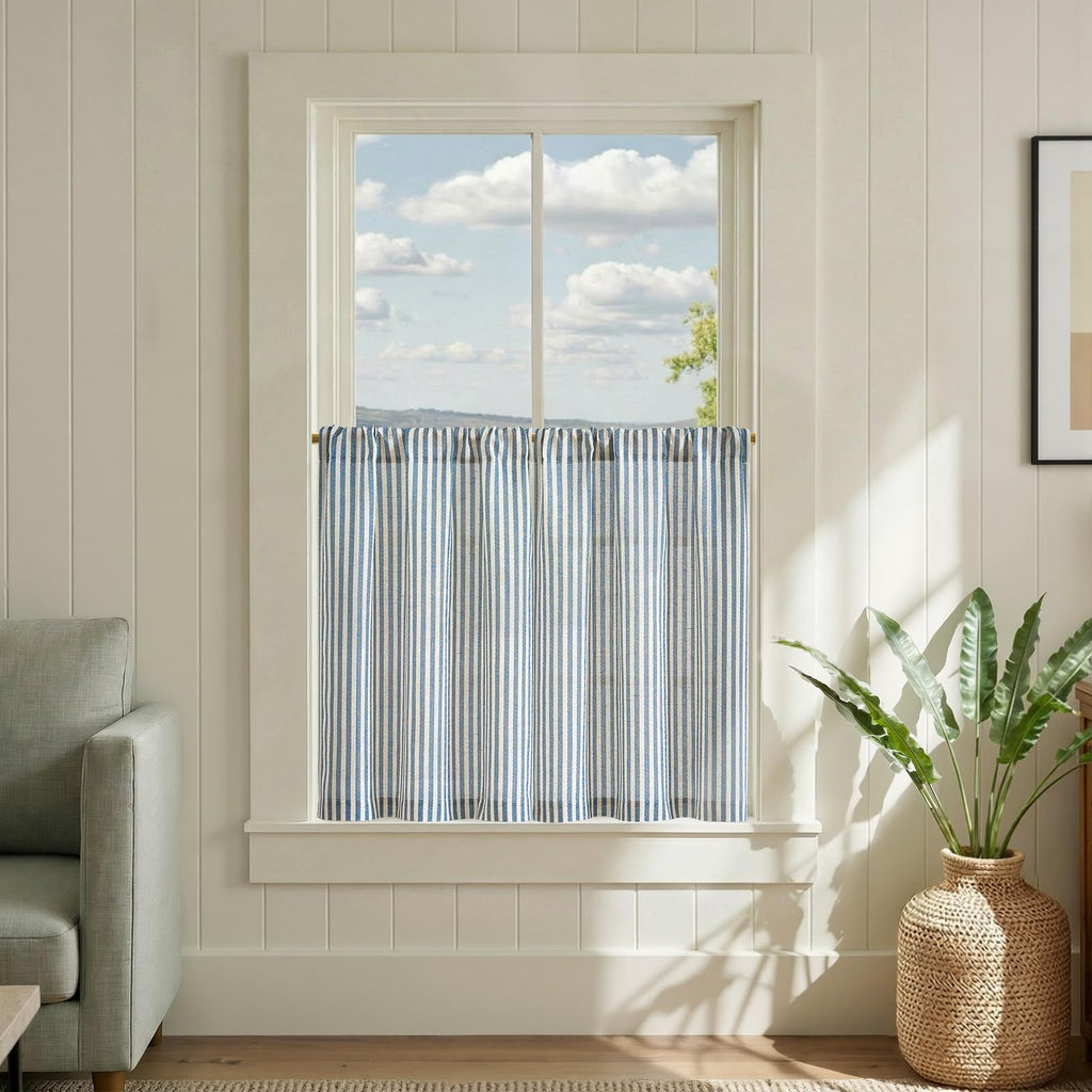 jinchan Striped Linen Kitchen Curtains 36 Inches Length Tier Curtains Farmhouse Modern Cafe Style Small Window Treatments Airy Light Filtering Rod Pocket for Living Room Bathroom 2 Panels Sage Green