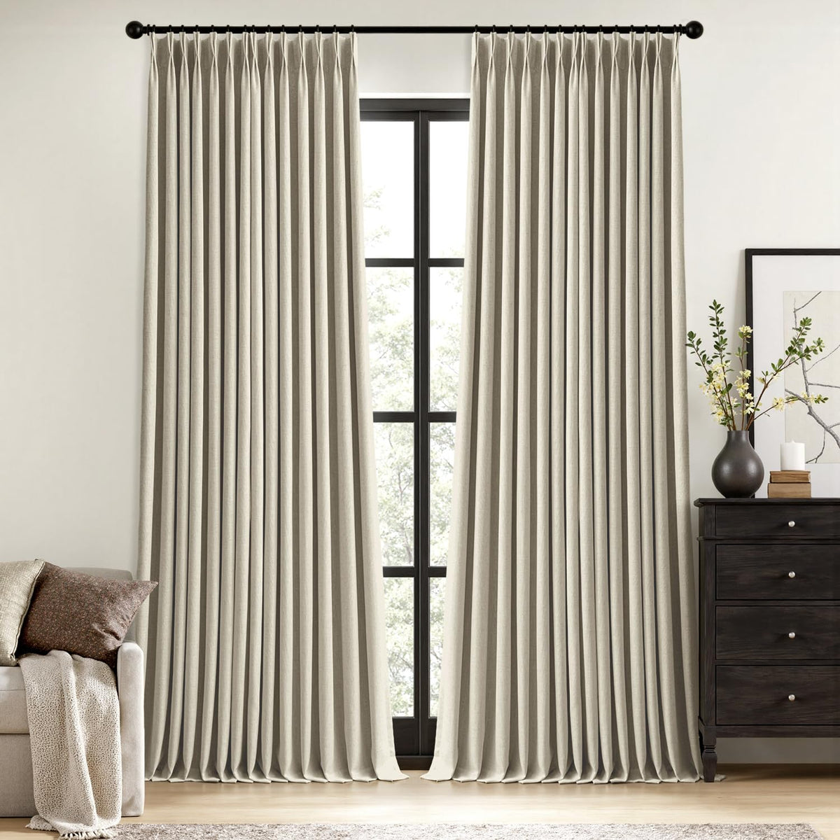 MIULEE Olive Green Pinch Pleated 100% Blackout Linen Curtains 40x108 Inches
