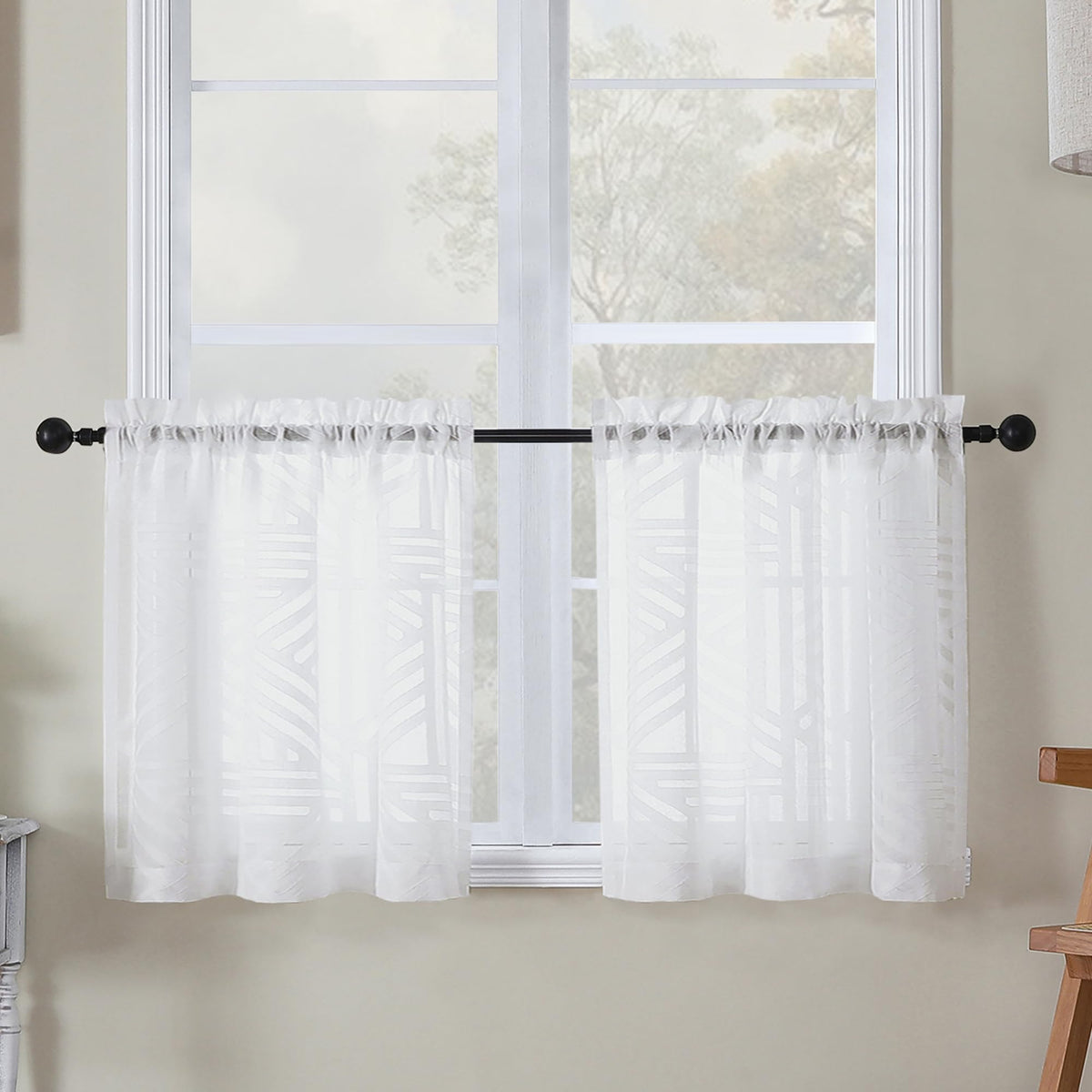 Simplebrand Dusty Blue Semi Sheer Curtains 45 Inch Length 2 Panels, Geometric Jacquard Clip Textured Short Sheer Curtains for Bedroom，Modern Elegant Window Curtains Drapes/Treatment Sheer，42x45 inch