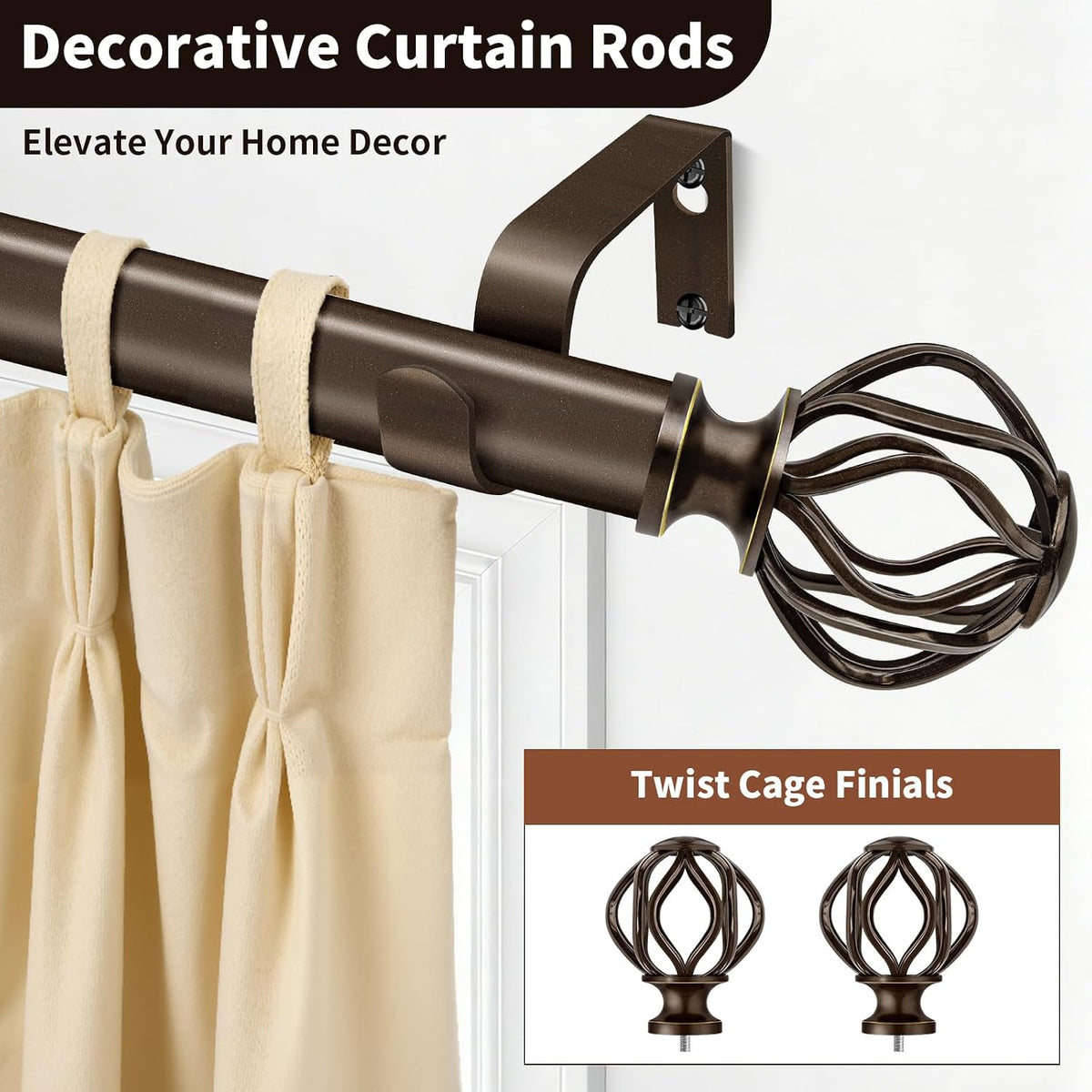 Bronze Curtain Rods for Windows 28-48 Inch (2.3-4 ft) with Decorative Cage Finials, 1 Inch Adjustable Heavy Duty Metal Window Treatment Rods for Living Room, Bedroom, Patio, Sliding Glass Door