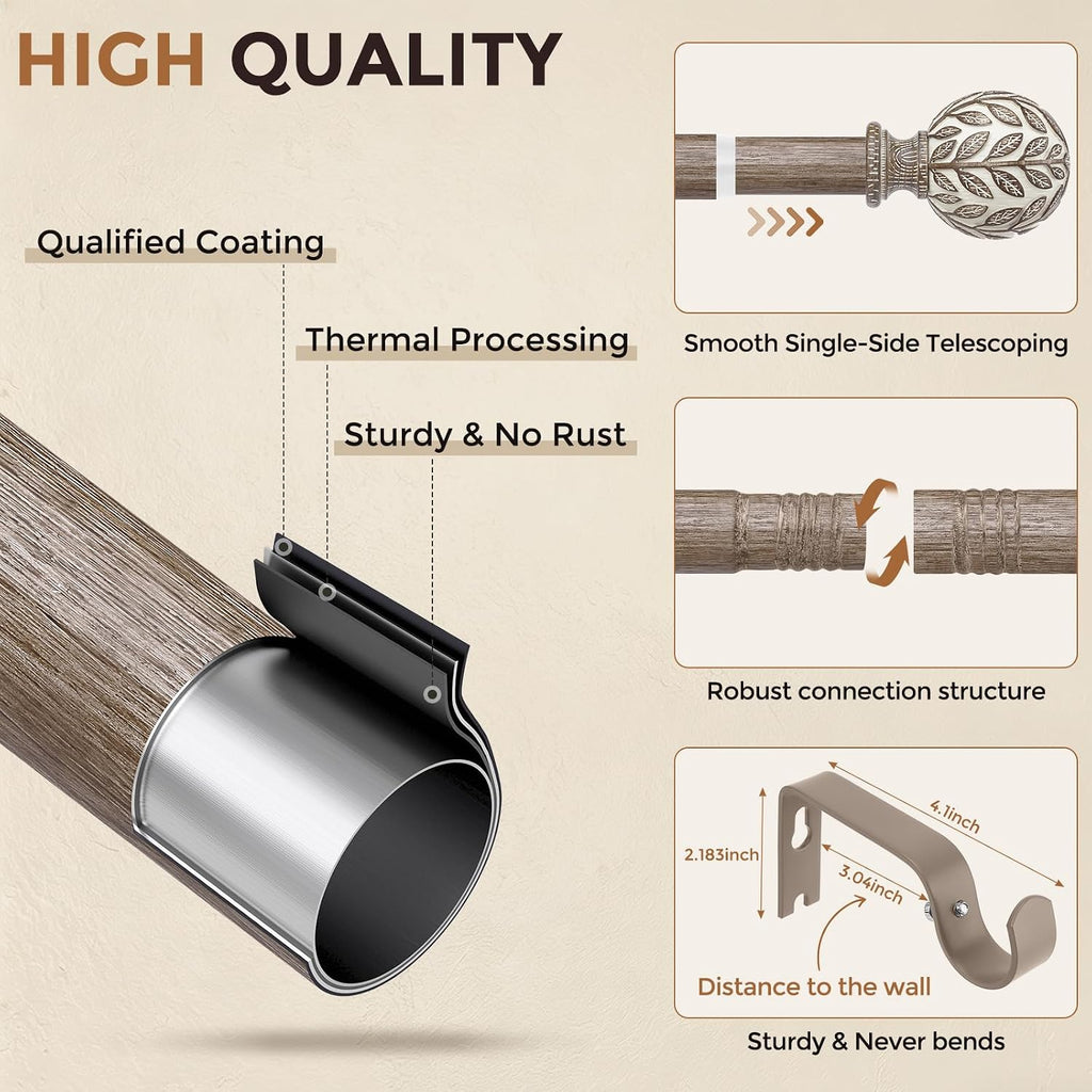 Curtain Rod 36-122 Inch, Boho Wood 1 Inch Curtain Rods for Windows