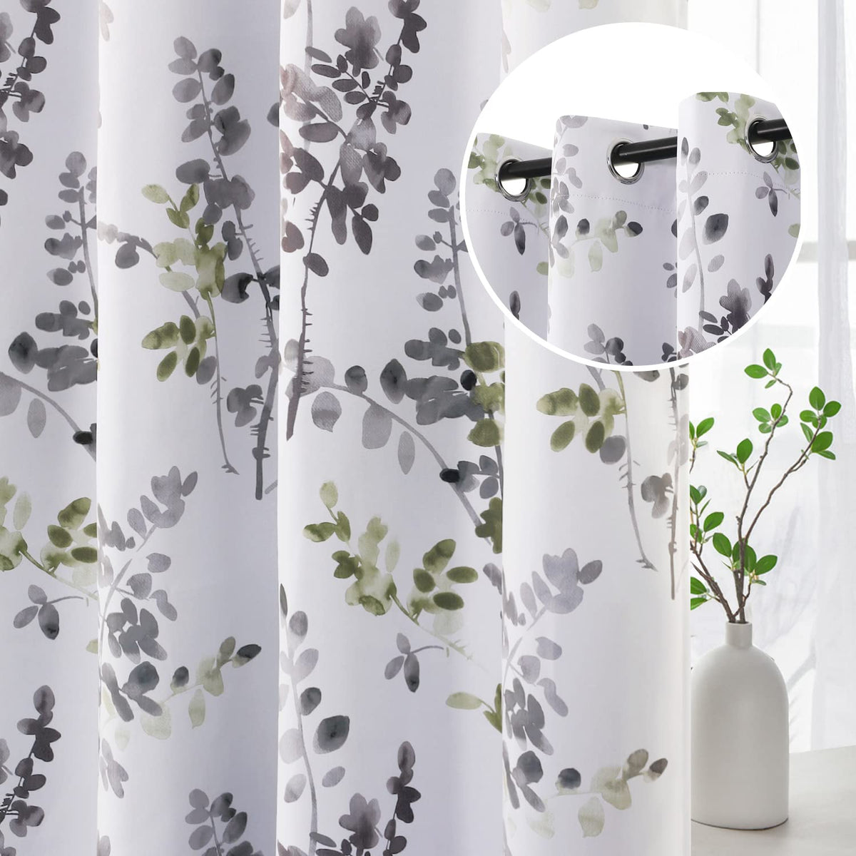 H.VERSAILTEX Blackout Floral Curtains 84”L for Living Room, Bluestone/Taupe