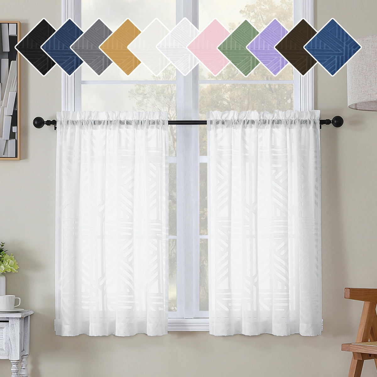 Simplebrand Dusty Blue Semi Sheer Curtains 45 Inch Length 2 Panels, Geometric Jacquard Clip Textured Short Sheer Curtains for Bedroom，Modern Elegant Window Curtains Drapes/Treatment Sheer，42x45 inch