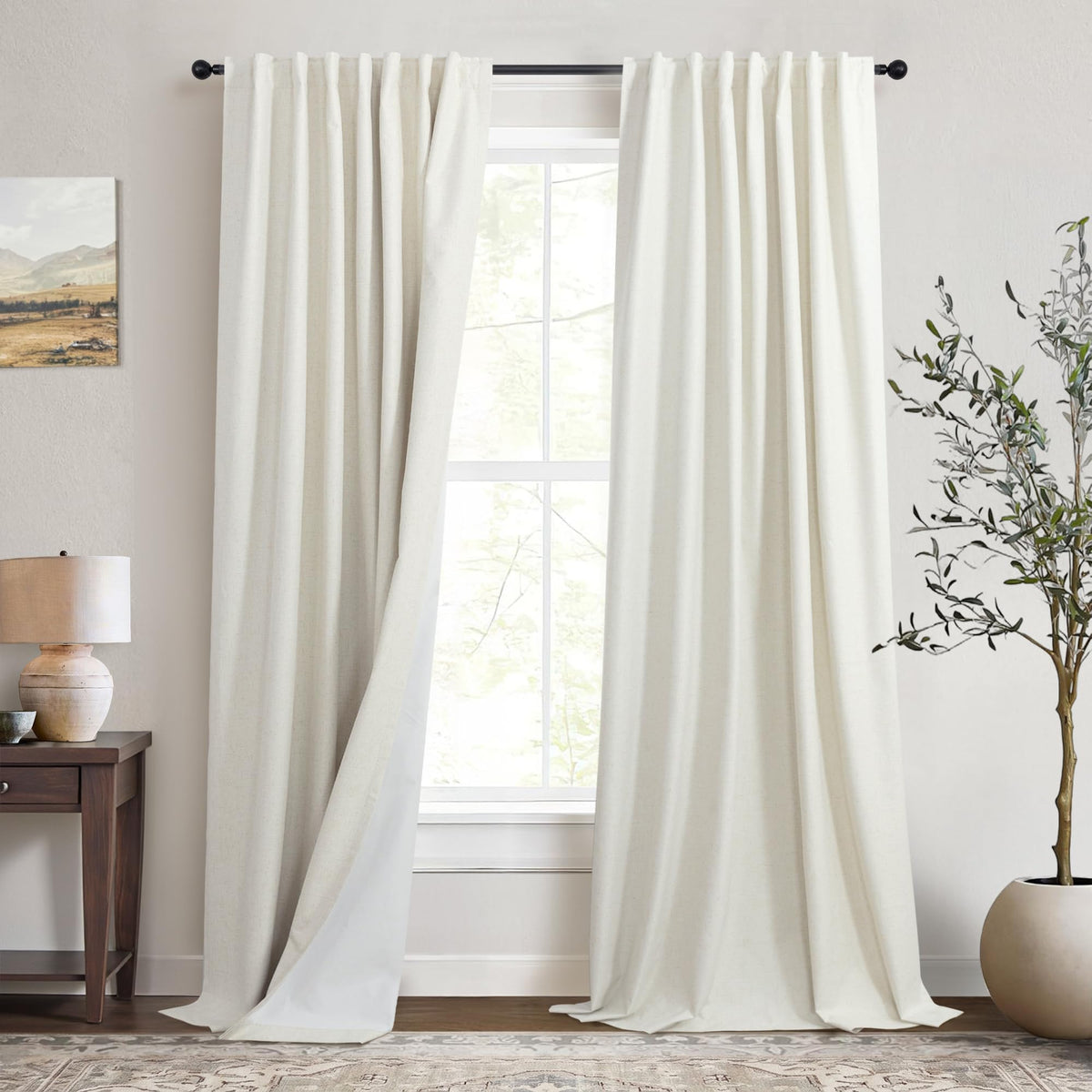 Natural Linen Back Tab Blackout Curtains & Drapes 96 Inch Long for Bedroom Livingroom Farmhouse Curtain 2 Panel Neutral Cute Black Out Room Darkening Thermal Insulated 8ft Pleated Window Curtain Cream