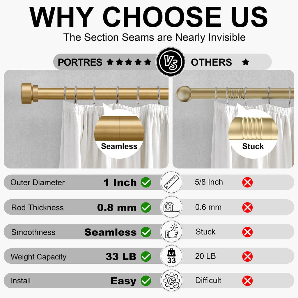 PORTRES Gold Heavy Duty Curtain Rods for Windows 66 to 120 Inches Adjustable Length 1" Diameter Brass Curtain Rod with Modern Decorative Finials for Outdoor Bedroom Kitchen Living Room