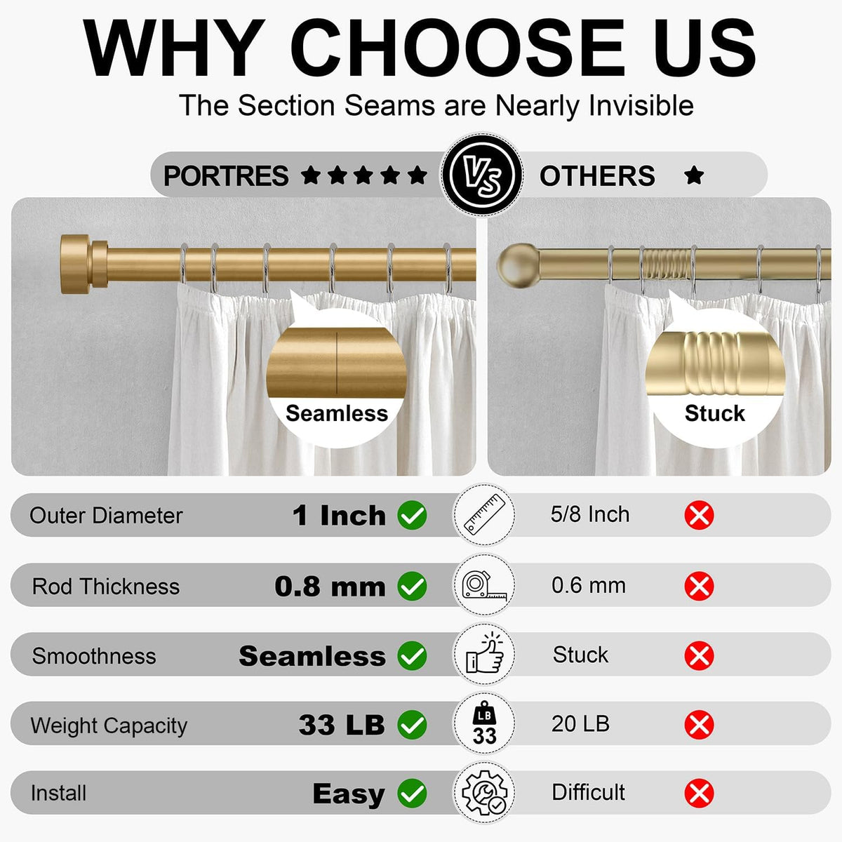 PORTRES Gold Heavy Duty Curtain Rods for Windows 66 to 120 Inches Adjustable Length 1" Diameter Brass Curtain Rod with Modern Decorative Finials for Outdoor Bedroom Kitchen Living Room