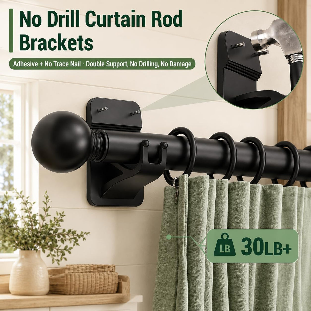 No Drill Curtain Rod Brackets, 8-Pack Adhesive Hooks with Invisible Nails