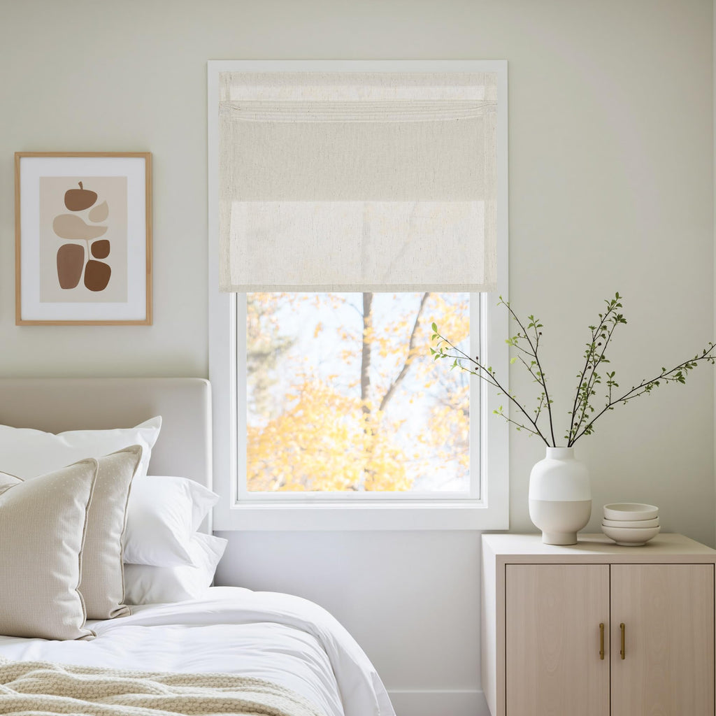 NICETOWN Natural Linen No Drill Roman Shades for Windows, French Front Door Curtain Solid Cordless Blinds for Farmhouse Door Window Covering with Light Filgtering, W26 x L69, 1Pc