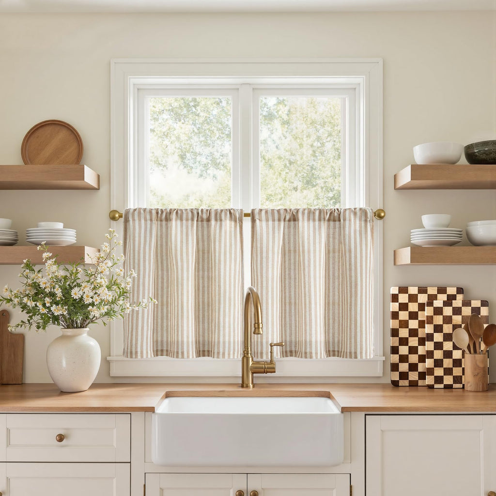 jinchan Striped Linen Kitchen Curtains 36 Inches Length Tier Curtains Farmhouse Modern Cafe Style Small Window Treatments Airy Light Filtering Rod Pocket for Living Room Bathroom 2 Panels Sage Green