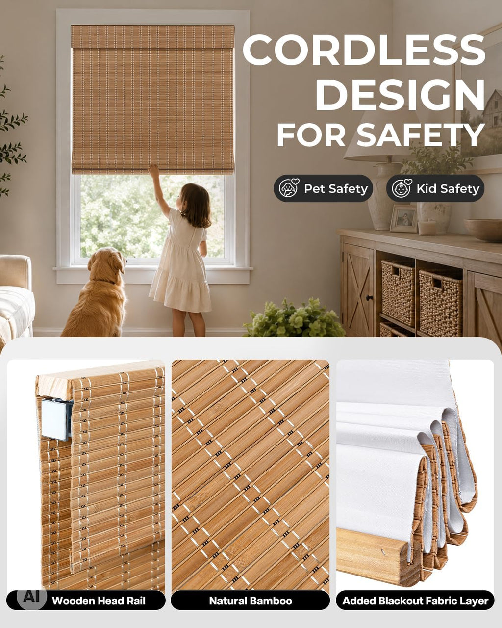 LazBlinds 100% Blackout No Drill Bamboo Roman Shades, Cordless Bamboo Blinds for Indoor Windows, Room Darkening Shades for Home & Patio, Thermal Insulated, Brown206, 20" W x 48" H