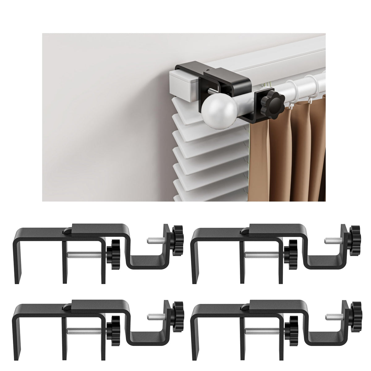 Over-Blinds Curtain Rod Brackets for Outside-Mounted Blinds, Blinds Curtain Rod Brackets for 1.3–2” Rectangular Headrails, Tool-Free No-Drill Installation for Apartments, Rentals Set of 2 (Black)