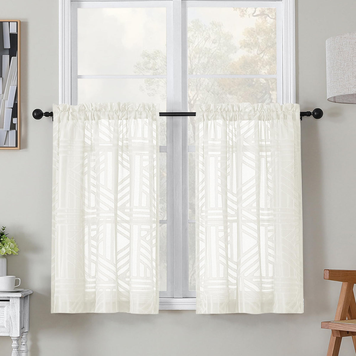 Simplebrand Dusty Blue Semi Sheer Curtains 45 Inch Length 2 Panels, Geometric Jacquard Clip Textured Short Sheer Curtains for Bedroom，Modern Elegant Window Curtains Drapes/Treatment Sheer，42x45 inch
