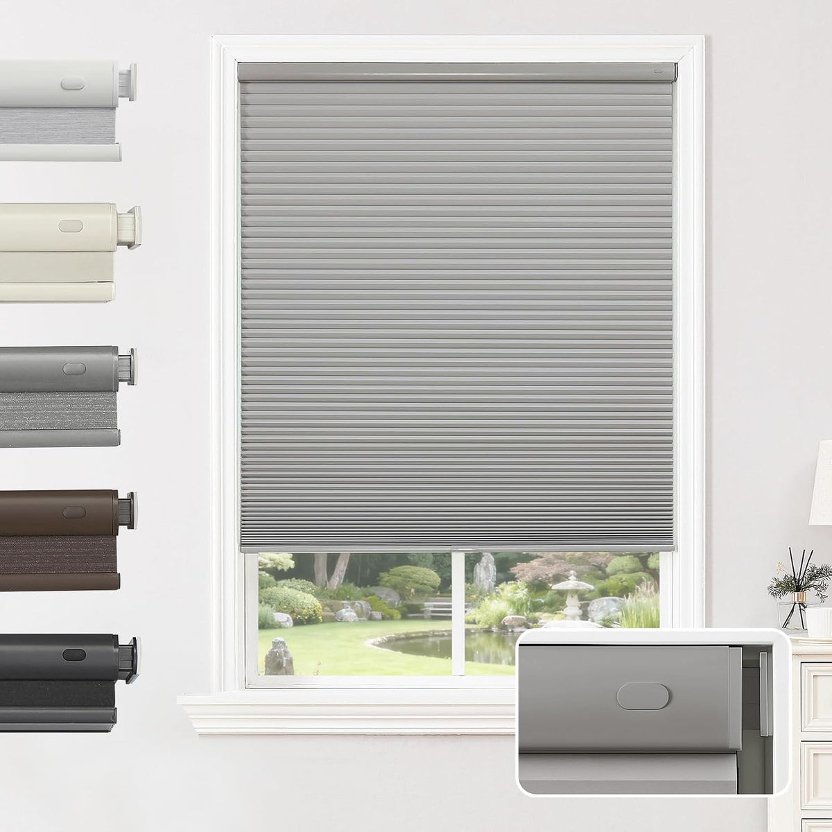 Joydeco No Drill Cordless Blackout Cellular Shades, 35" W x 64" H, Grey