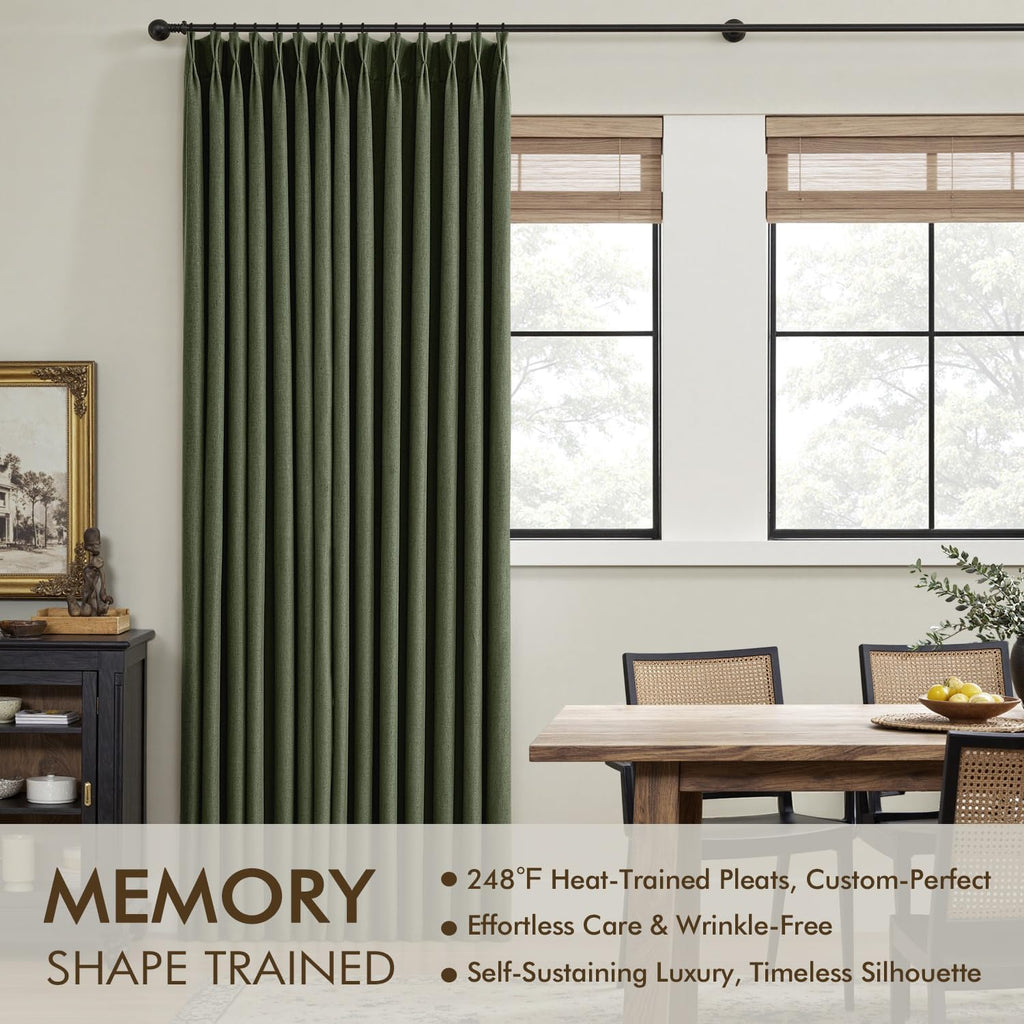 MIULEE Olive Green Pinch Pleated 100% Blackout Linen Curtains 40x108 Inches
