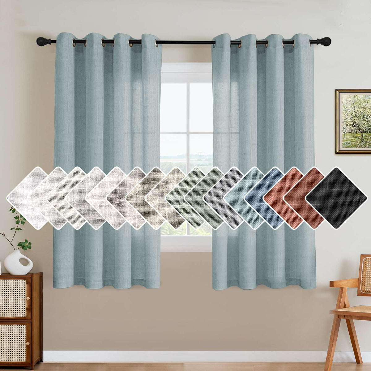 H.VERSAILTEX Natural Linen Grommet Curtains 84 Inch Length for Living Room 2 Panel Drape Semi Sheer Neutral Country Rustic Farmhouse Boho Curtain Bedroom Muslin Look Light Filtering, Heathered Natural