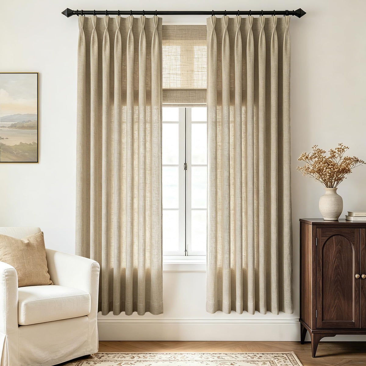 Beige Pinch Pleated Linen Curtains 108 inch Length 2 Panels for Living Room Light Filtering Triple Pleat Curtain Memory Trained FarmhouseNeutral Earthy Thick Flax Linen Drapes 108 inch Long Apricot