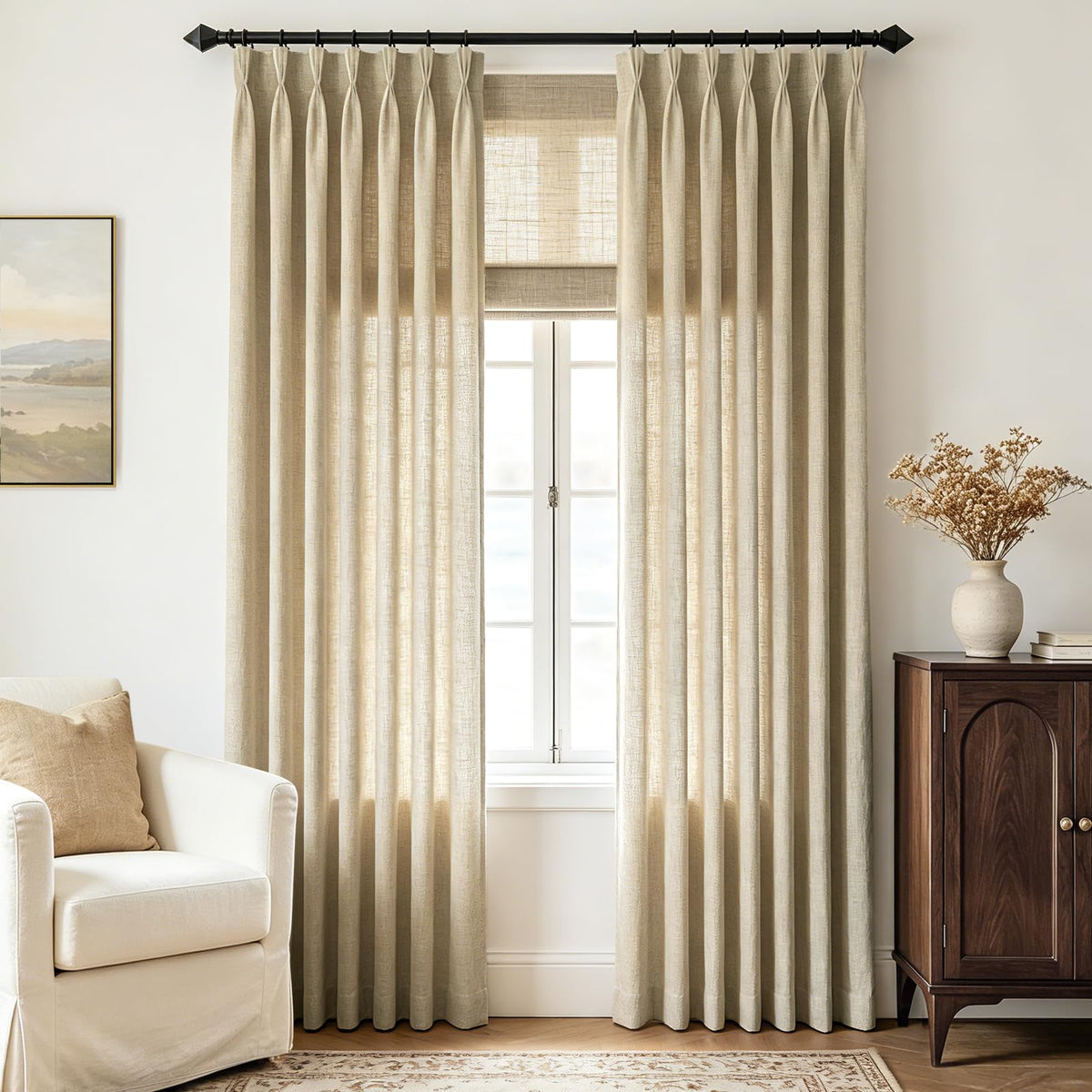 Beige Pinch Pleated Linen Curtains 108 inch Length 2 Panels for Living Room Light Filtering Triple Pleat Curtain Memory Trained FarmhouseNeutral Earthy Thick Flax Linen Drapes 108 inch Long Apricot