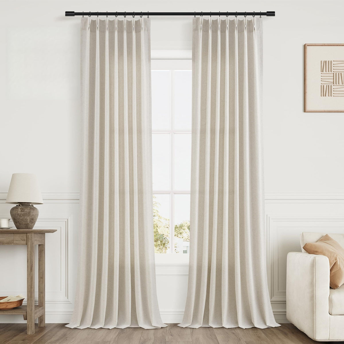 Aersas Linen Pinch Pleated Curtains 84 Inch Length 2 Panels Set for Living Room Cream Semi Sheer Window Curtain for Bedroom Boho Farmhouse Neutral Back Tab Drape Decor with Hooks, Natural Beige Ivory