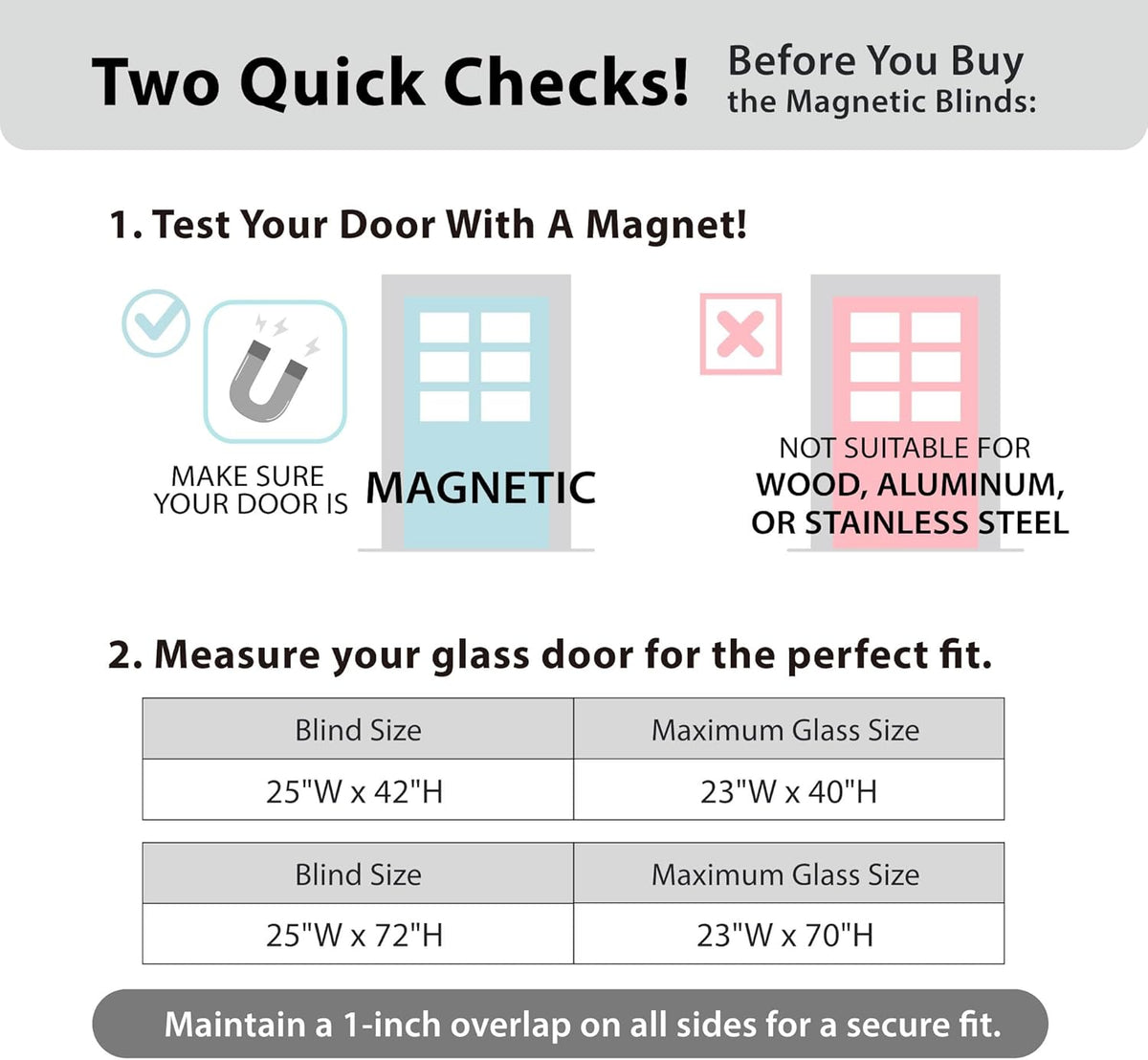 DEZ FURNISHINGS Cordless No Tools 1" Magnet Mini Blinds for Metal Doors, Room Darkening, 25" W x 42" H, White