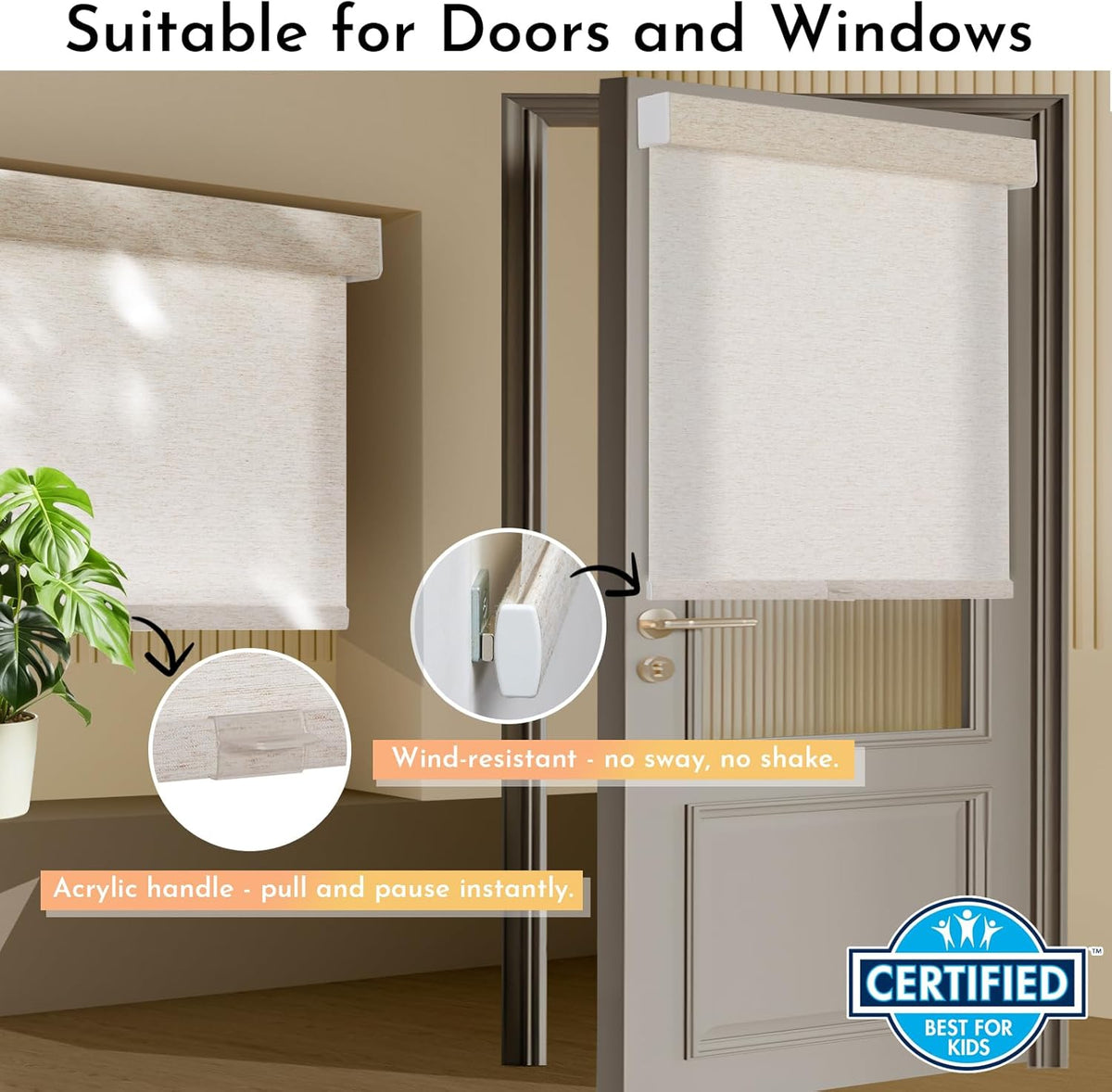 Persilux Light Filtering Roller Shades for Indoor Windows Blinds,Cordless,Linen Fabric,Thermal Insulated Fabric UV Protection Shades for Home,Office,Bedroom,Door,Light Filtering-Cream,16" W X 64" H
