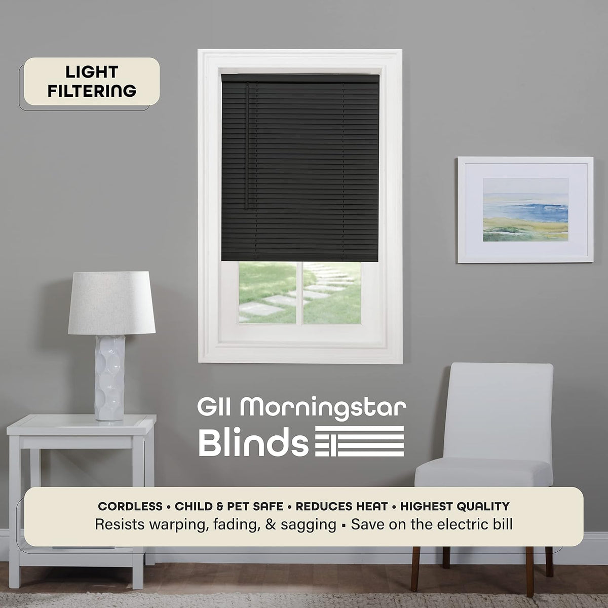 Cordless Light Filtering Mini Blind, 46 x 48 in, Black