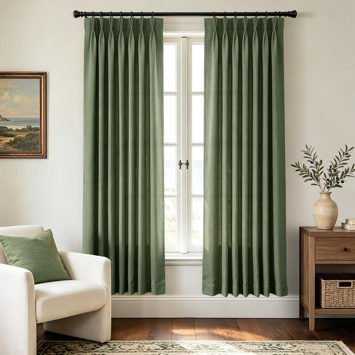 Beige Pinch Pleated Linen Curtains 108 inch Length 2 Panels for Living Room Light Filtering Triple Pleat Curtain Memory Trained FarmhouseNeutral Earthy Thick Flax Linen Drapes 108 inch Long Apricot