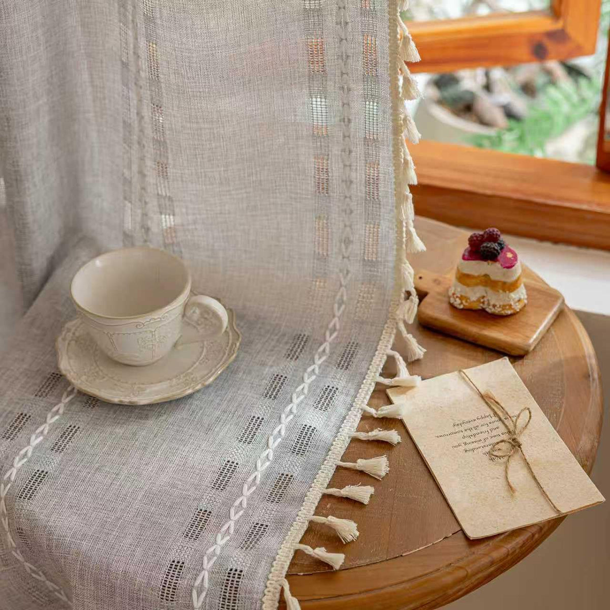 Boho Sheer Sage Green Curtains 84 inches Long 2 Panels for Living Room Bedroom,Farmhouse, Bohemian Tassels Country Light Filtering Xmas Curtains Shabby Chic Embroidery Striped Draps Back Tab, 50" W