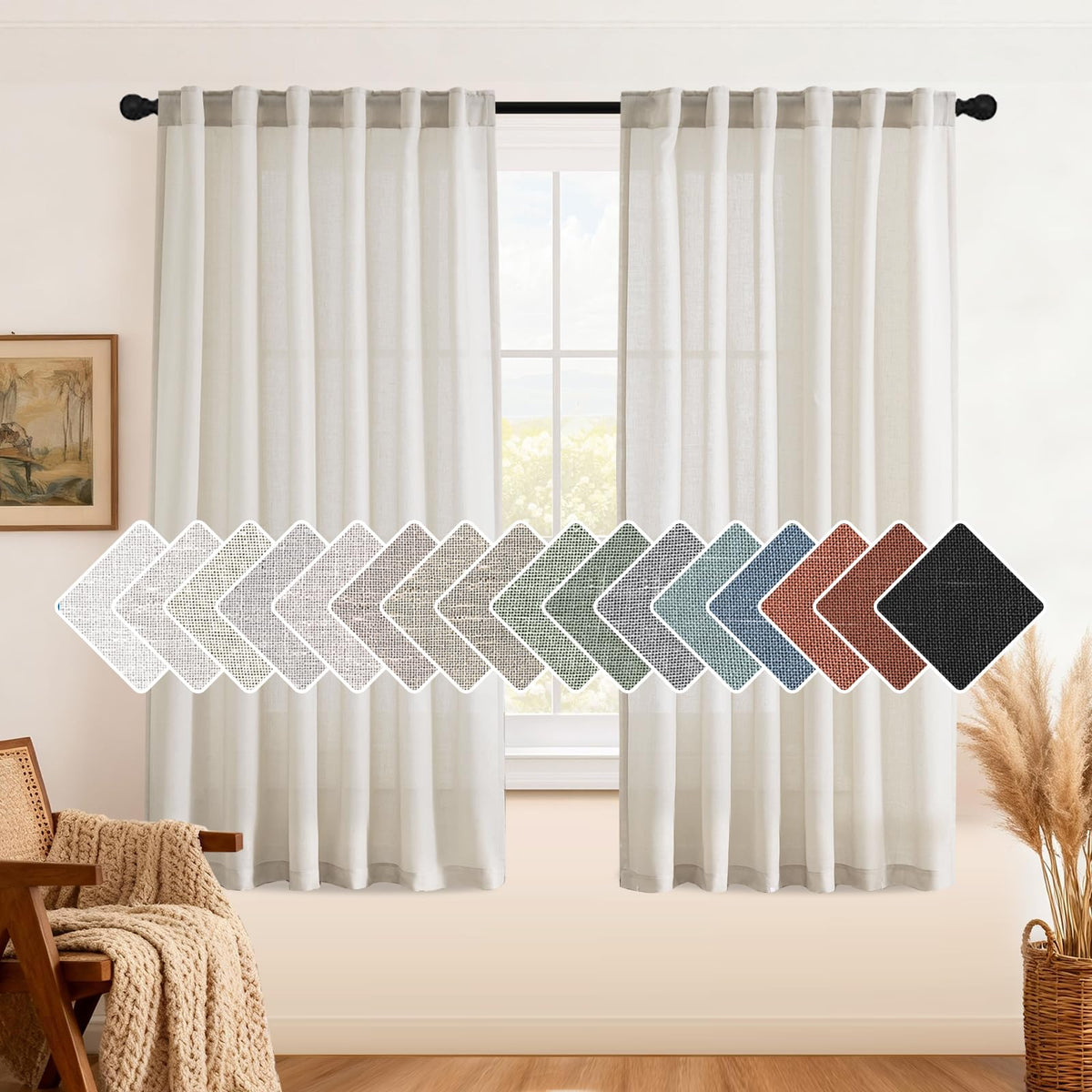 H.VERSAILTEX Natural Linen Grommet Curtains 84 Inch Length for Living Room 2 Panel Drape Semi Sheer Neutral Country Rustic Farmhouse Boho Curtain Bedroom Muslin Look Light Filtering, Heathered Natural
