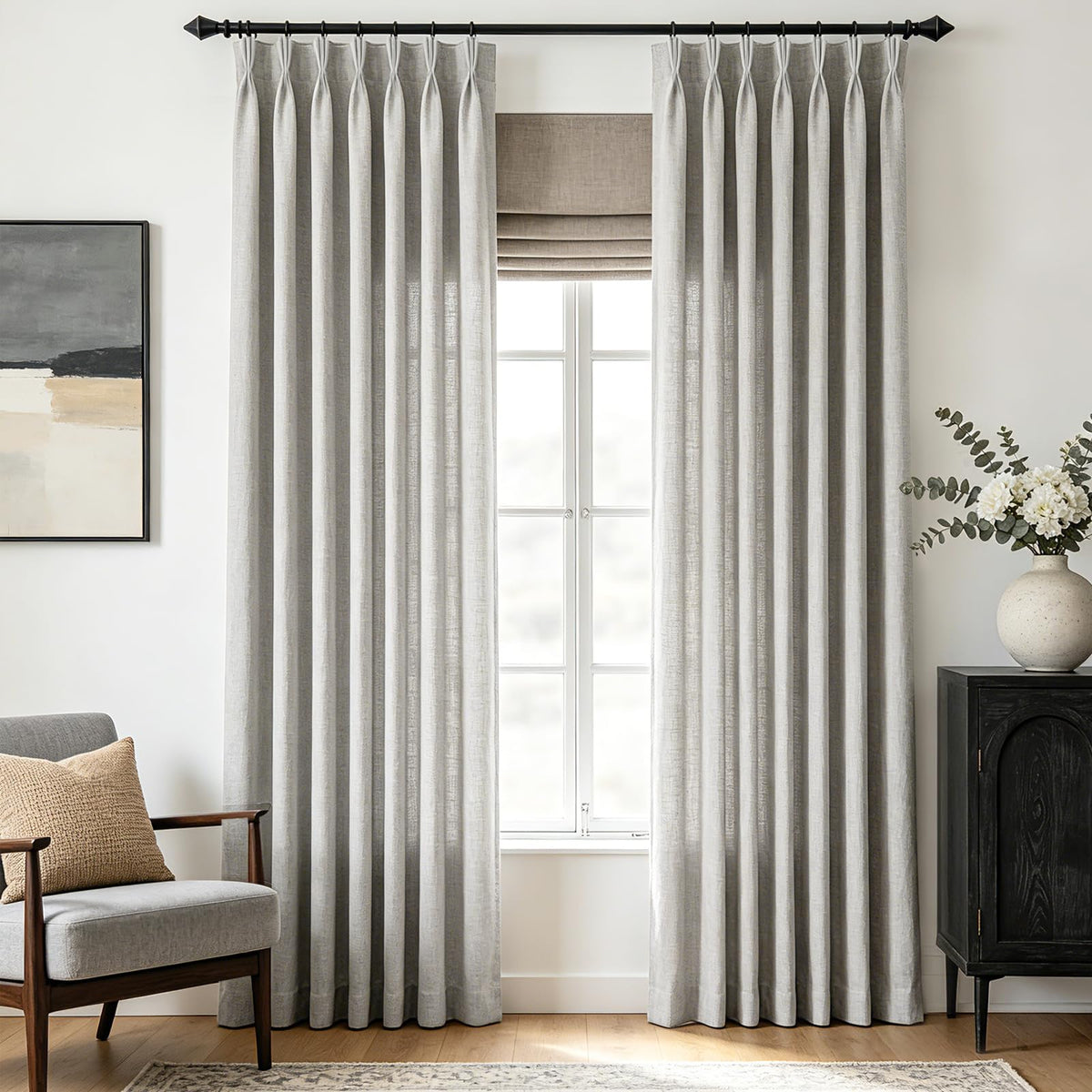 Beige Pinch Pleated Linen Curtains 108 inch Length 2 Panels for Living Room Light Filtering Triple Pleat Curtain Memory Trained FarmhouseNeutral Earthy Thick Flax Linen Drapes 108 inch Long Apricot