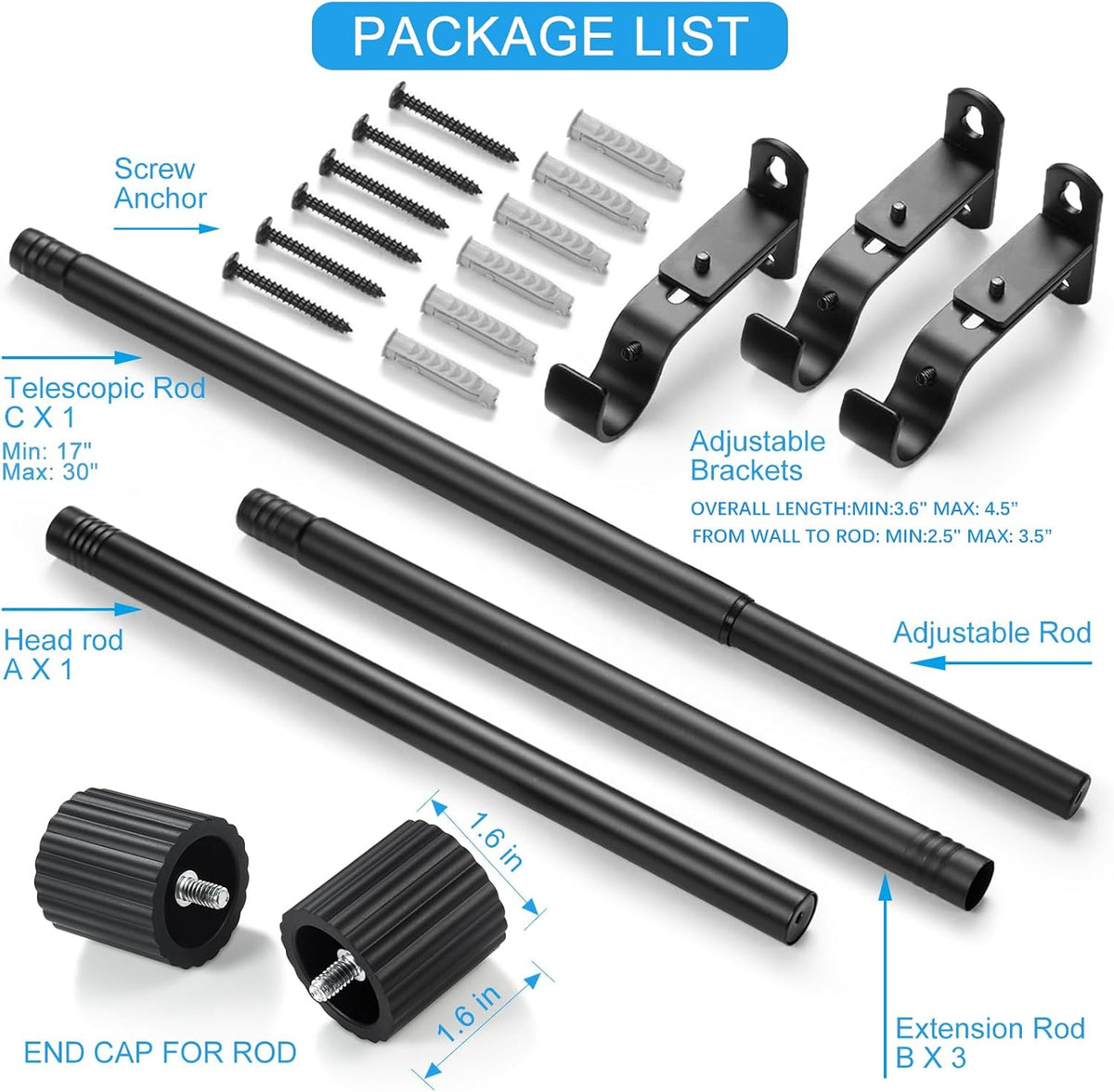 Curtain Rods 16-76", 1 Inch Adjustable Black Curtain Rod, 1 Pack