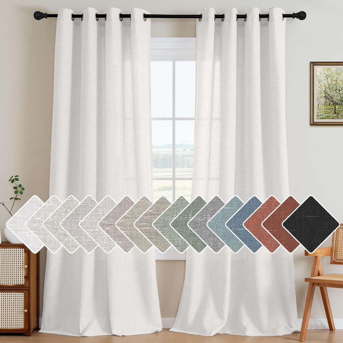 H.VERSAILTEX Natural Linen Grommet Curtains 84 Inch Length for Living Room 2 Panel Drape Semi Sheer Neutral Country Rustic Farmhouse Boho Curtain Bedroom Muslin Look Light Filtering, Heathered Natural