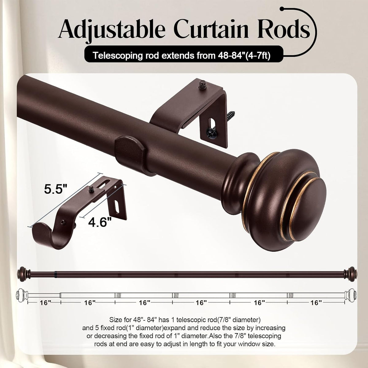SIMEWIN Heavy Duty Curtain Rods for Windows 48 to 84 Inches, Bronze Curtain Rods with Classic Finials for Bedroom, Living Room, Patio, Kitchen