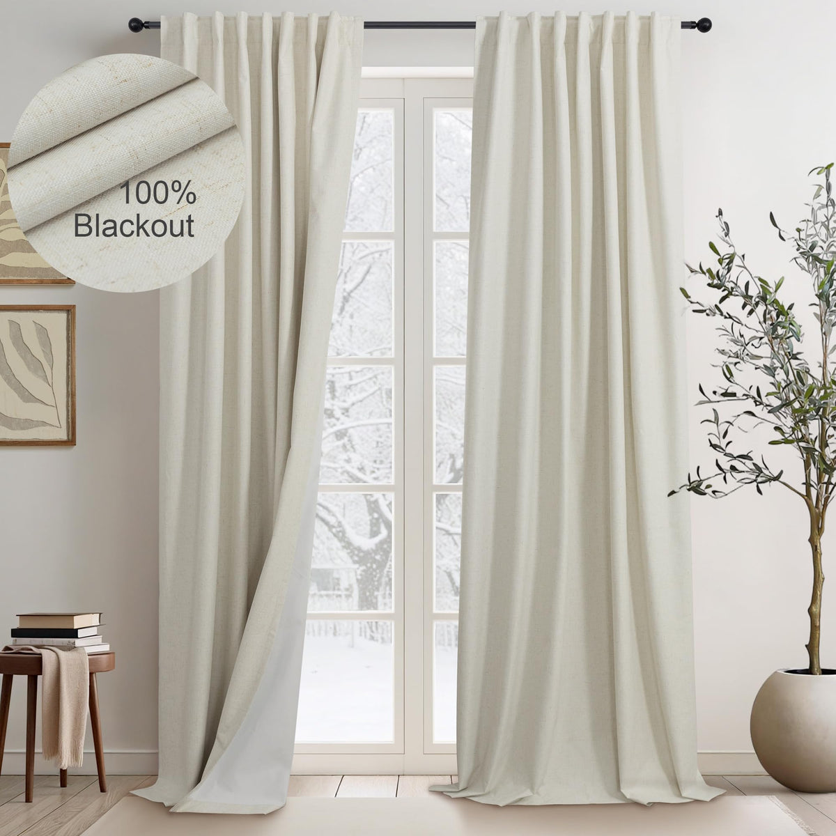Natural Linen Back Tab Blackout Curtains & Drapes 96 Inch Long for Bedroom Livingroom Farmhouse Curtain 2 Panel Neutral Cute Black Out Room Darkening Thermal Insulated 8ft Pleated Window Curtain Cream