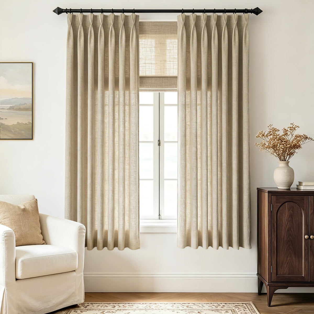 Beige Pinch Pleated Linen Curtains 108 inch Length 2 Panels for Living Room Light Filtering Triple Pleat Curtain Memory Trained FarmhouseNeutral Earthy Thick Flax Linen Drapes 108 inch Long Apricot