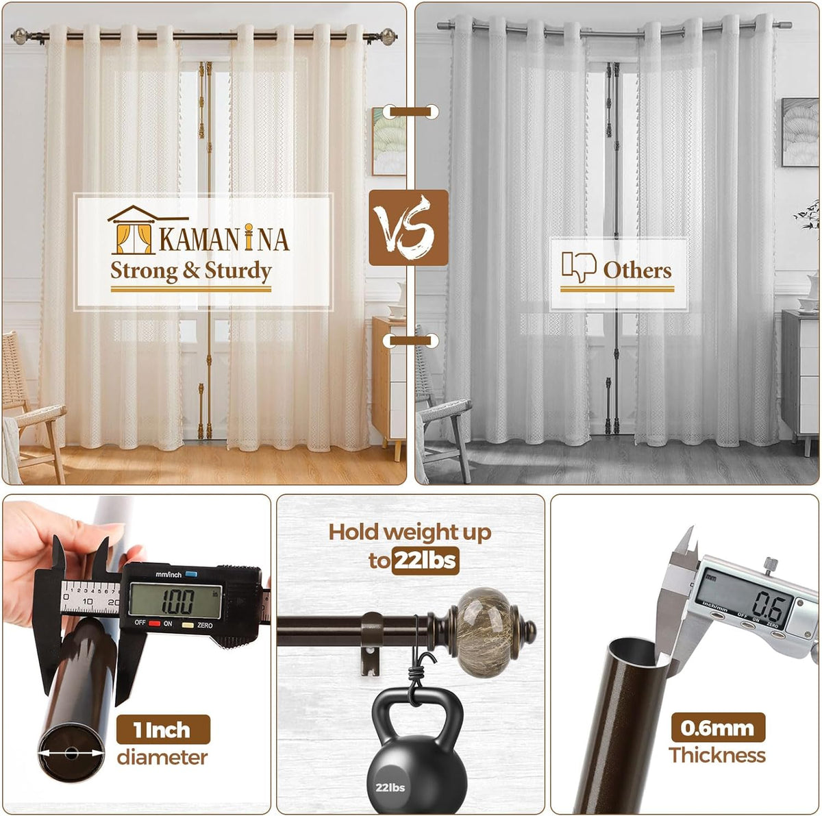 KAMANINA 1 Inch Curtain Rods 32 to 58 Inch, Bronze Adjustable Drapery Rods